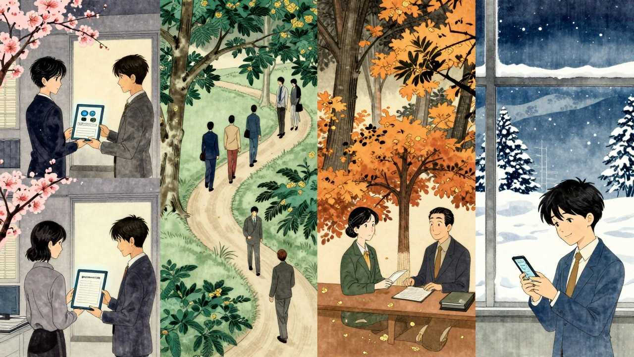 A year-long wellness journey unfolds through four seasons in an office, blending traditional Japanese art with modern workplace scenes.