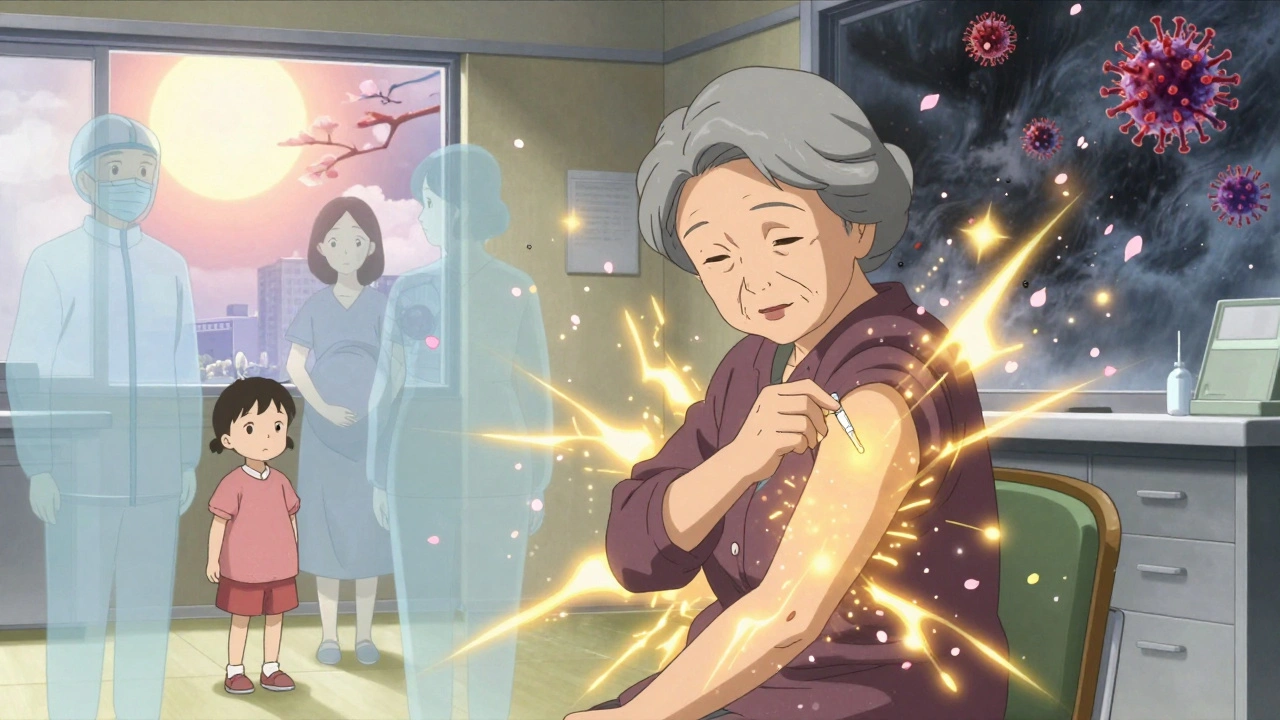 An elderly woman glows with protective energy as cherry blossoms shield vulnerable people from invisible flu viruses.