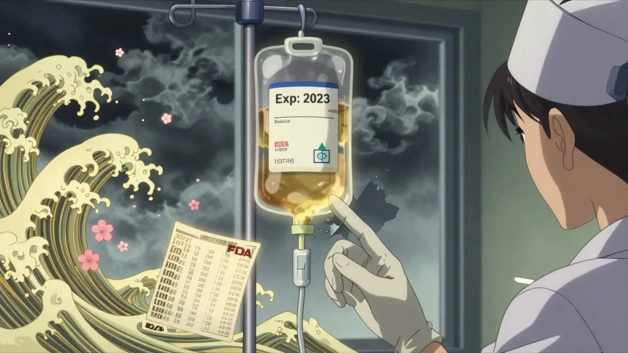 An IV bag with an expired label surrounded by floating FDA approval data in a glowing, ukiyo-e-inspired ICU scene.