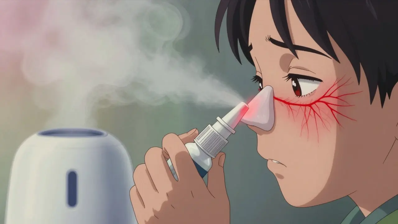 Child's hand reaching for nasal spray, glowing blood vessels visible inside nostrils, humidifier mist in background.