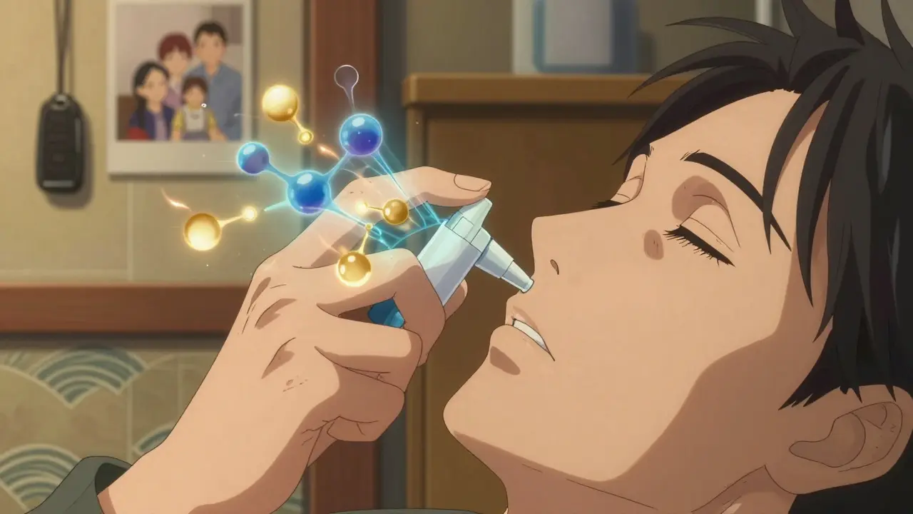 Close-up of naloxone spray being used, with opioid molecules being expelled from brain receptors in glowing colors.