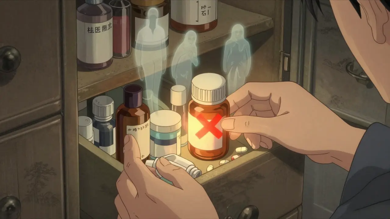 Cluttered medicine cabinet with expired pills and floating translucent medication ghosts.