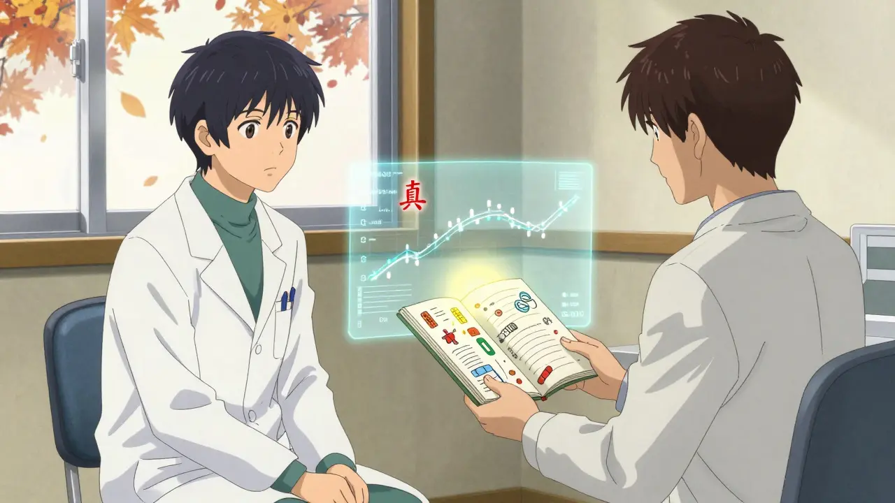 Doctor and patient reviewing a colorful medication journal with a holographic timeline floating between them.