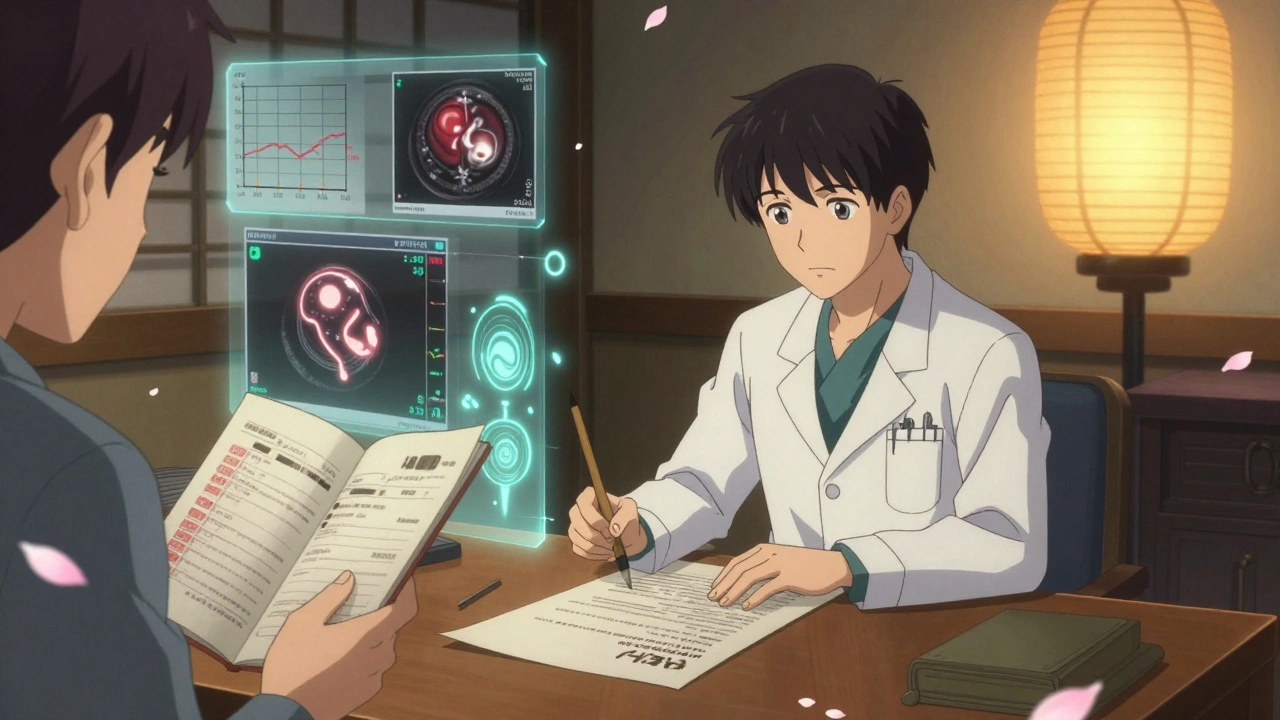 Doctor writing a detailed insurance appeal with glowing clinical data and cherry blossoms drifting around.