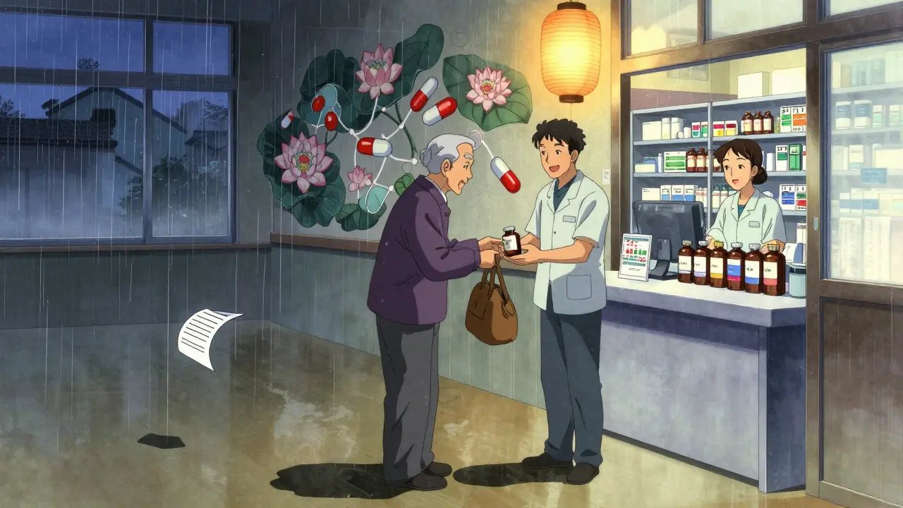 Elderly man handing a brown bag to a pharmacist under a lantern's glow in a quiet hallway.