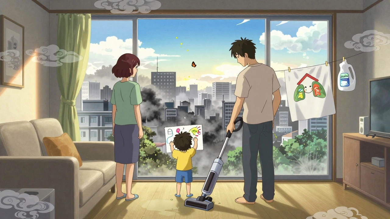 Family in home with HEPA vacuum and clean laundry, pollen turning into butterflies outside window.