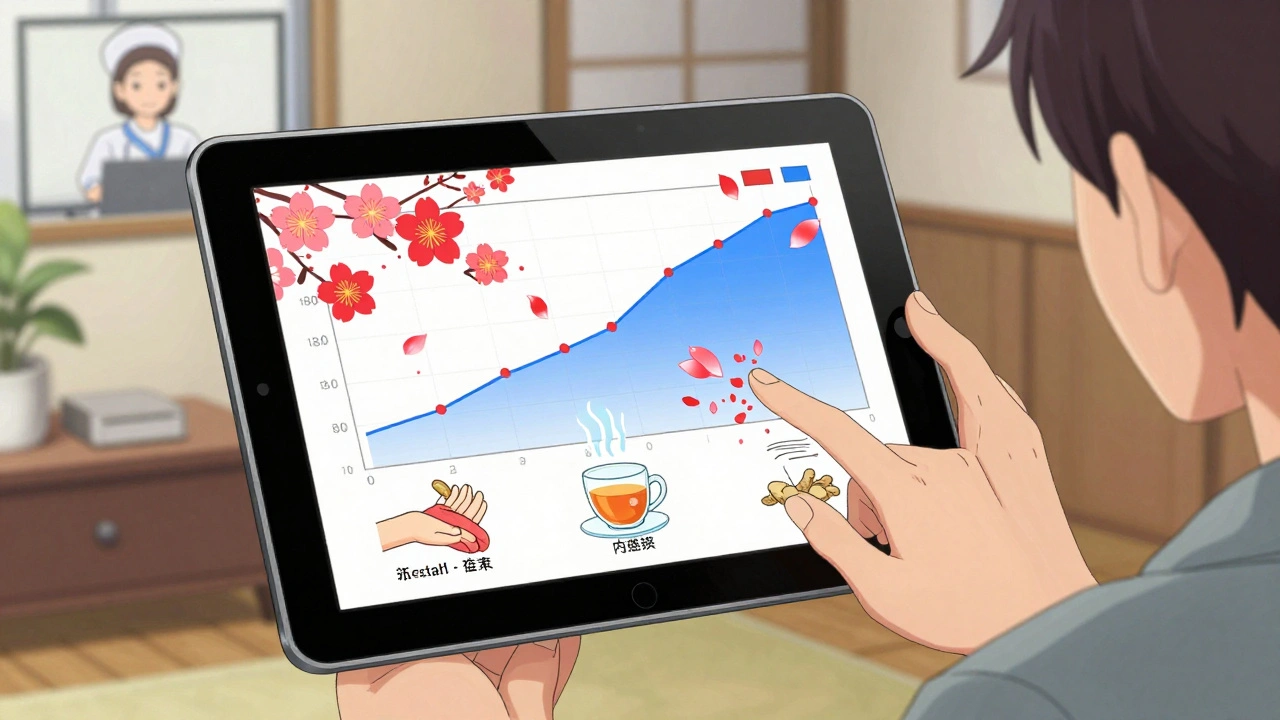 Floating digital tablet shows symptom blossoms transforming into comforting actions like blankets and tea.