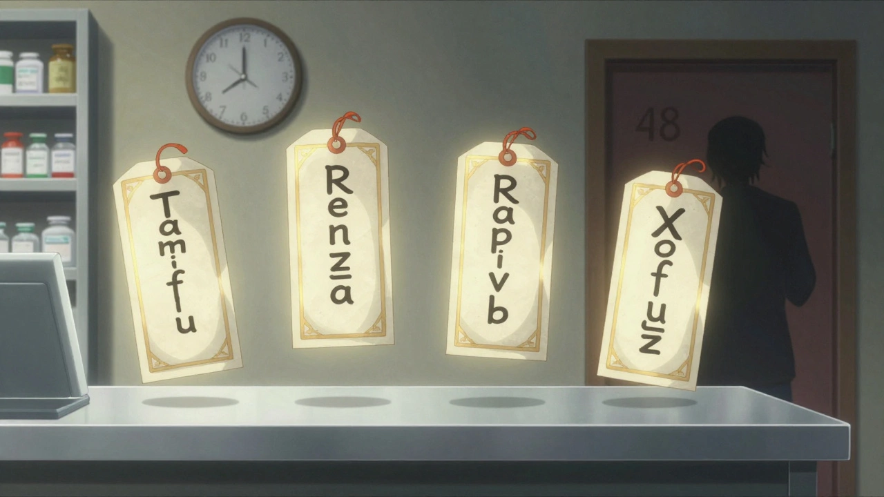 Four glowing antiviral medications float above a pharmacy counter as a clock ticks past 48 hours, symbolizing urgency.