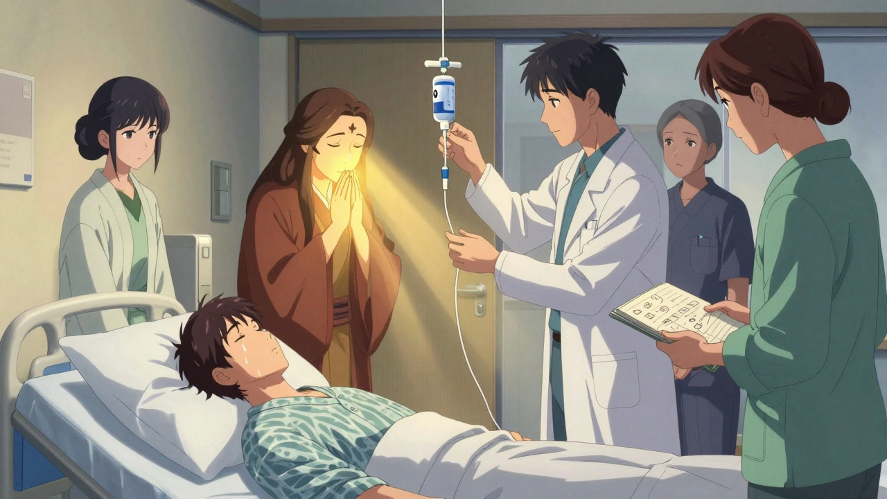 Palliative care team around bedside at dawn, radiating calm as patient remains aware and peaceful.