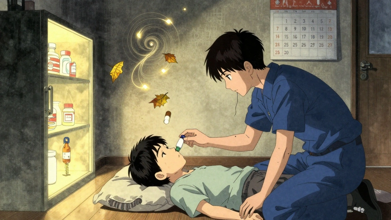 Paramedic giving naloxone to a child as a locked medicine cabinet glows in the corner, floating molecular spirits drift like leaves.