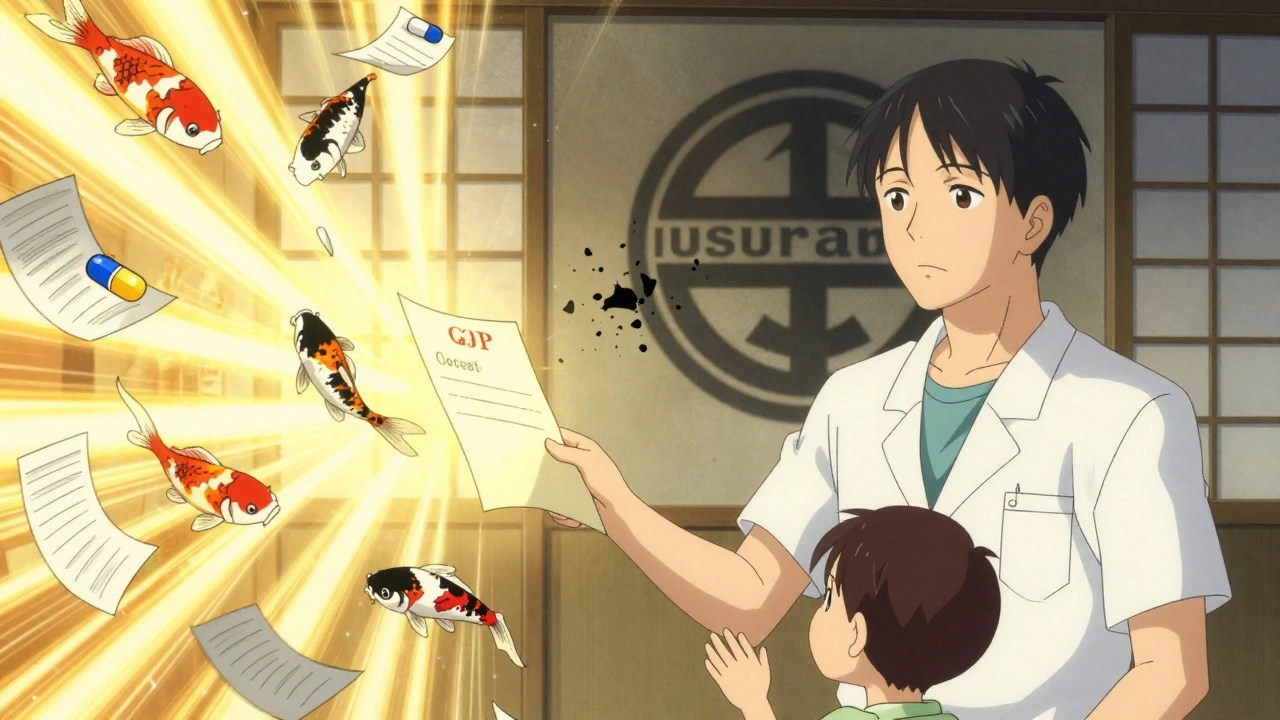 Patient celebrates approval as medical documents turn into koi fish, shadowy insurance logo crumbling behind them.