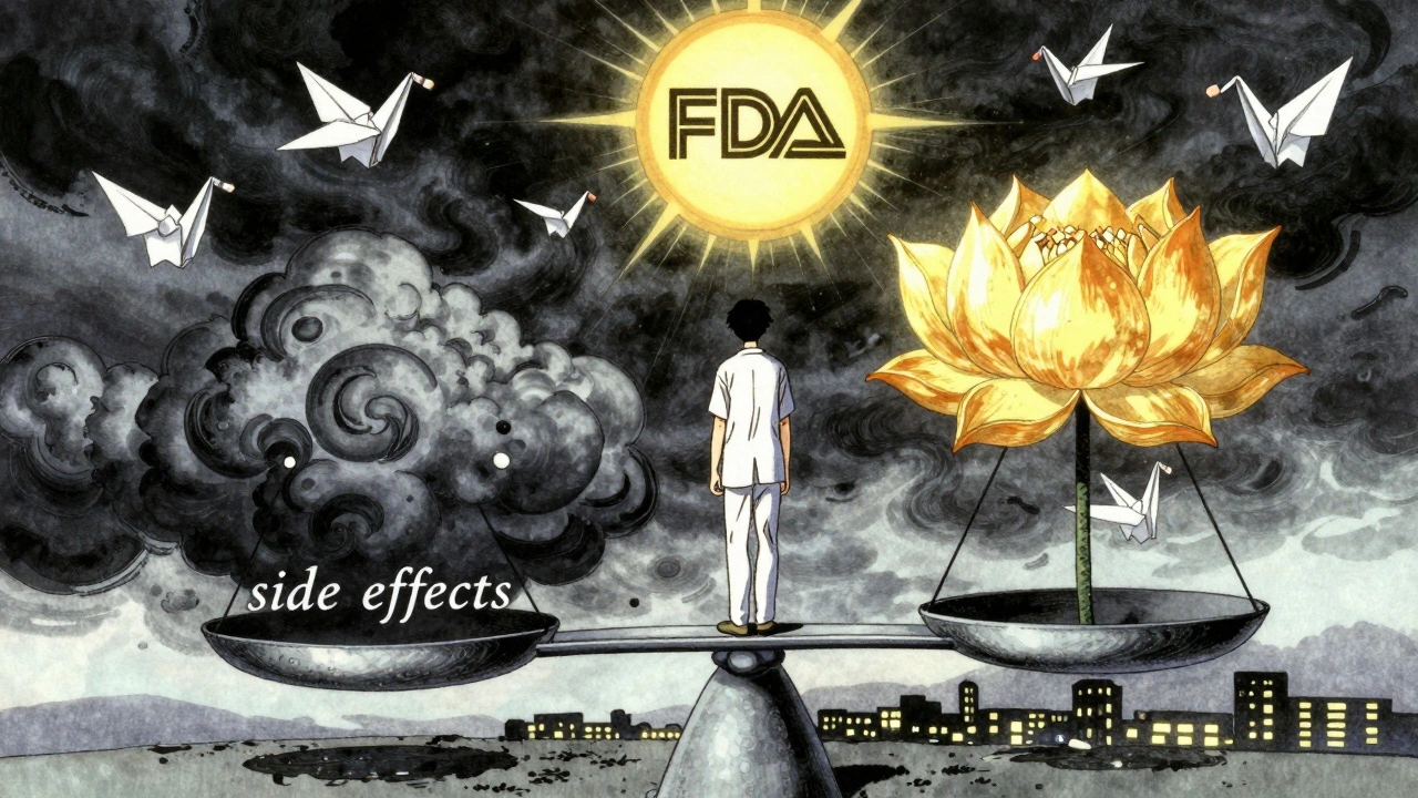 Patient on a balance scale with dark side effects and golden lotus flowers of benefit.
