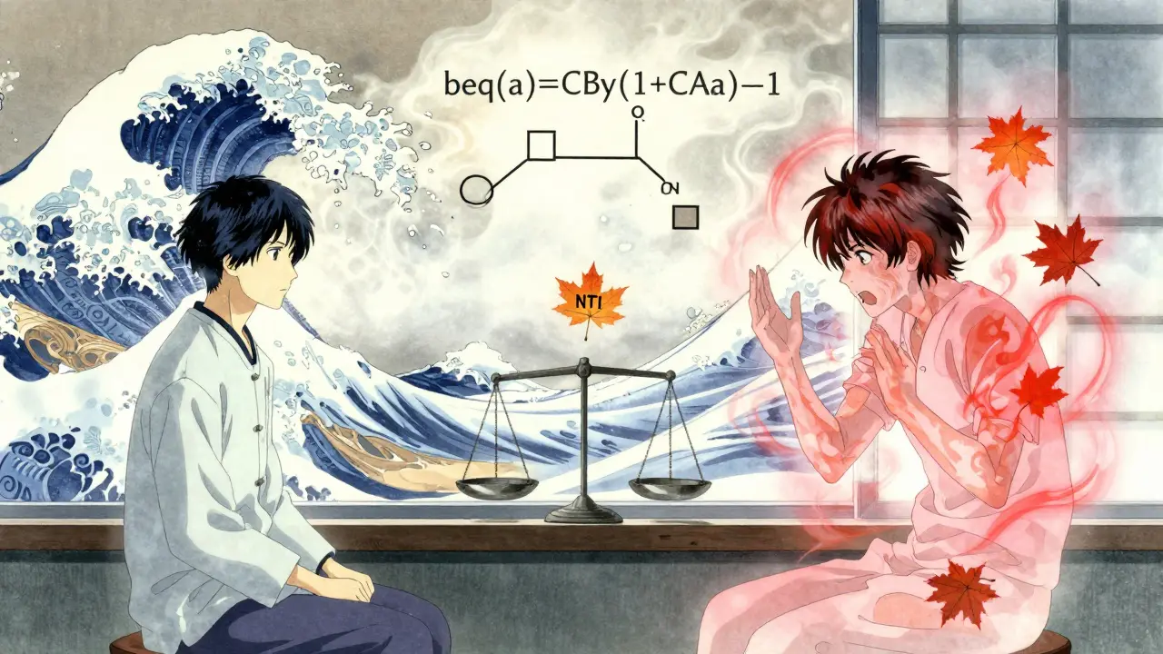 Patient with spectral twins representing drug effects, floating formula dissolving into waves, NTI leaf falling.