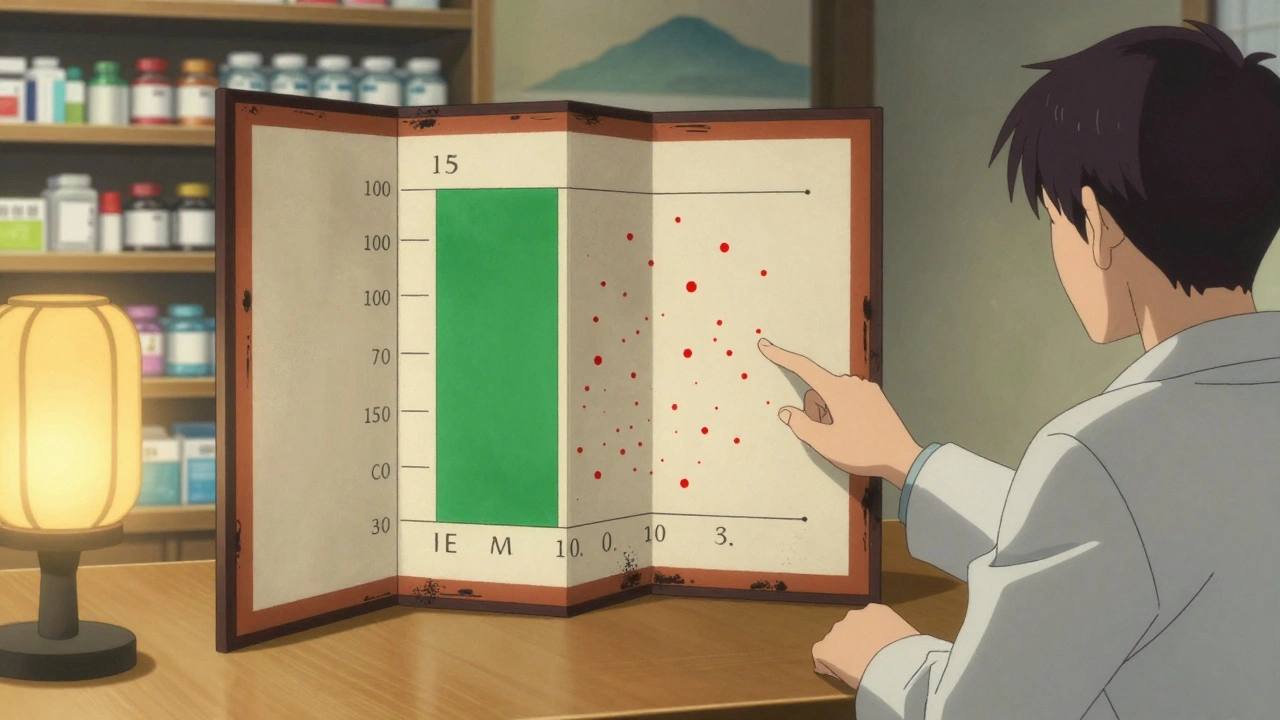 Pharmacist and patient examining a folding-screen chart of drug benefits and risks.