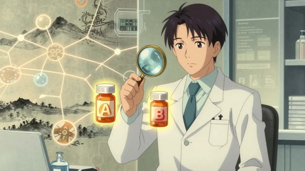 Pharmacist examining pill bottles with glowing A and B ratings, molecular pathways in ink brush style.