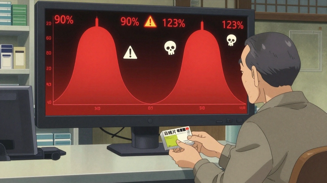 Pharmacist giving generic NTI pills as diverging bioequivalence curves loom behind