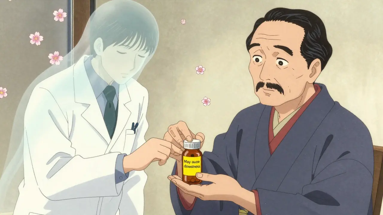 Pharmacist guiding patient to understand a medication warning with cherry blossoms