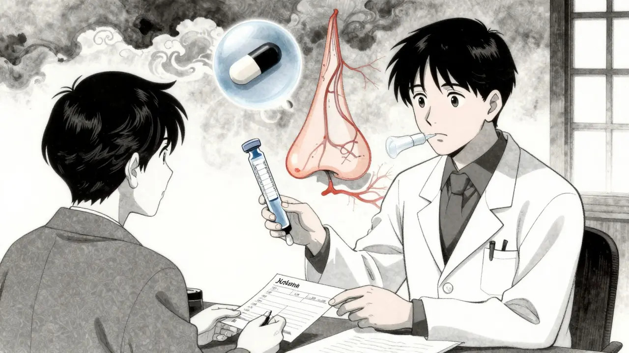 Pharmacist handing prescription with floating medication icons, stylized nose map in ink-wash style.