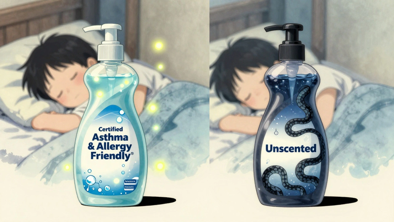 Side-by-side cleaning bottles: certified product releasing safe particles vs. hidden chemicals as dark vapors.