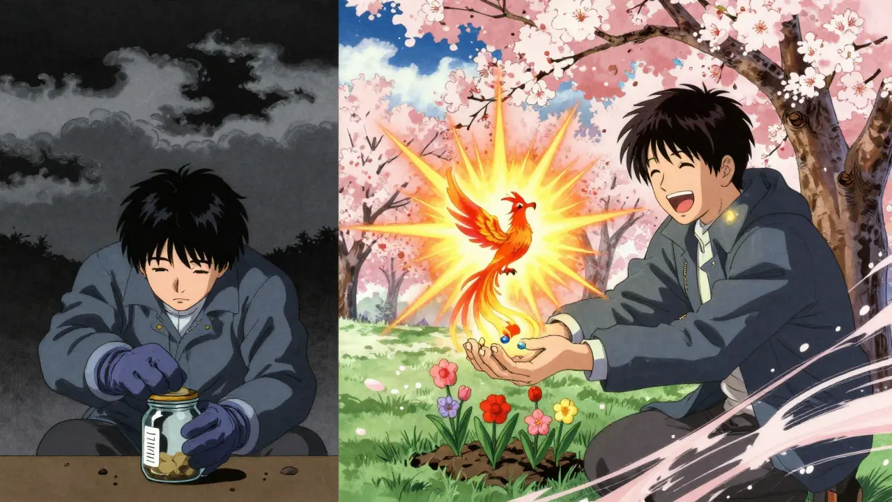 Split scene: person struggling to open a jar vs. same person planting flowers, a phoenix-like molecule rising from their wrist.
