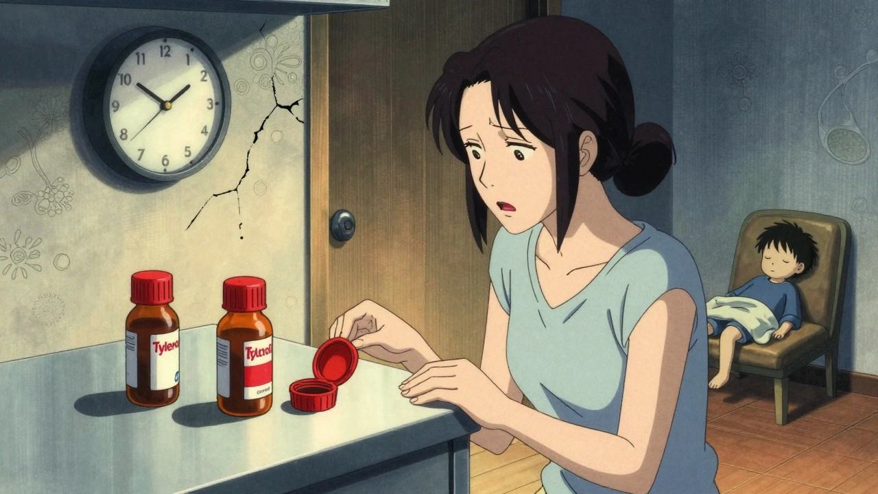 Two medicine bottles on a counter beside a sleeping child, with faint liver cell damage patterns in the background.