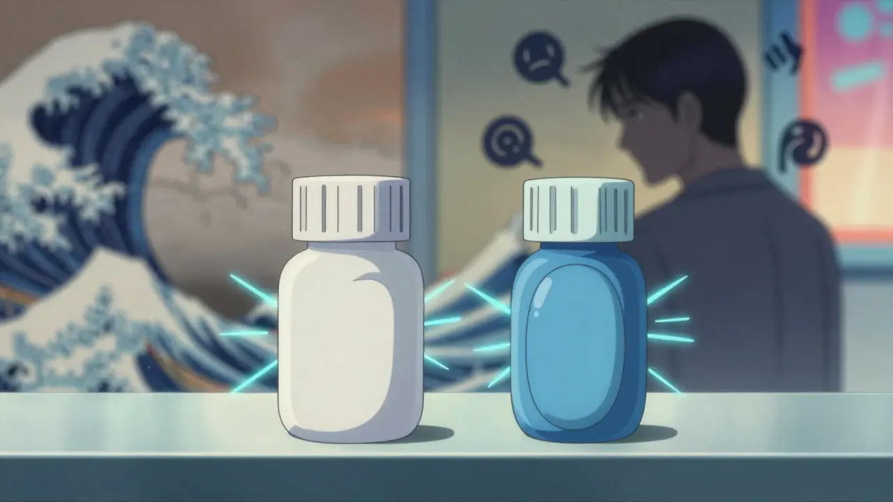 Two pill bottles side by side with glowing lines showing different absorption rates, patient looking confused.