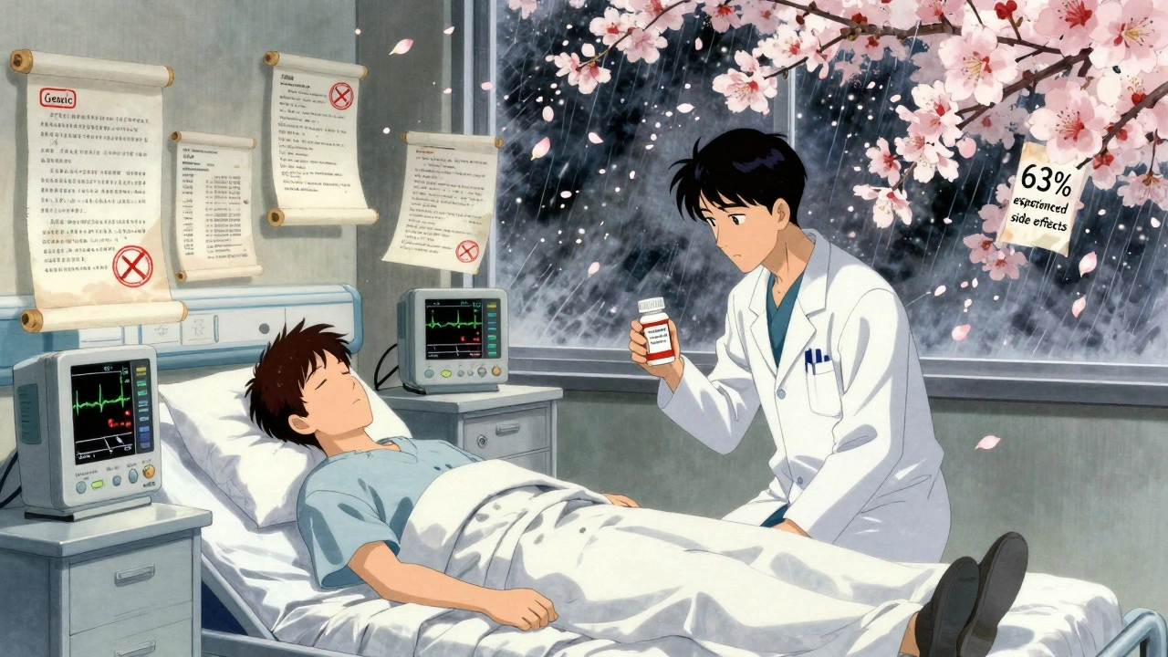 Unconscious patient in hospital with floating FDA warnings and stormy cherry blossoms