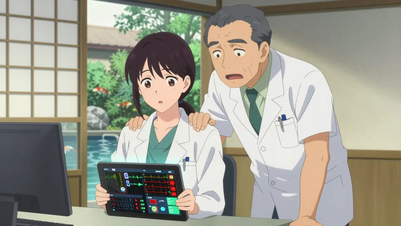 A cardiologist reviews patient data charts showing before-and-after results of generic drug switches.