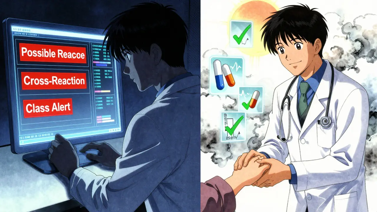 A doctor faces a screen of red allergy warnings, while safe antibiotics glow green beside them in a calm clinic.