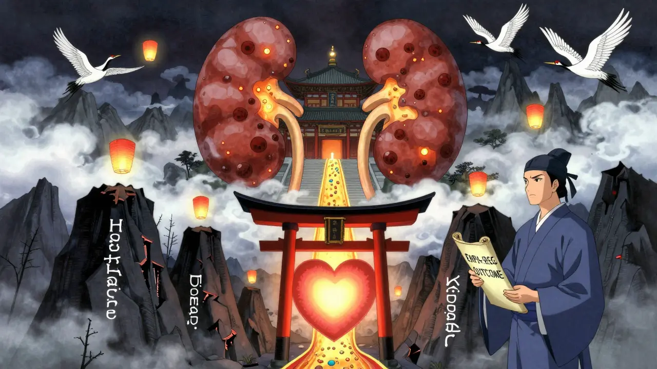 A glowing kidney temple blocks sugar streams while a heart-shaped torii gate pulses with light, protected from crumbling cliffs of disease.