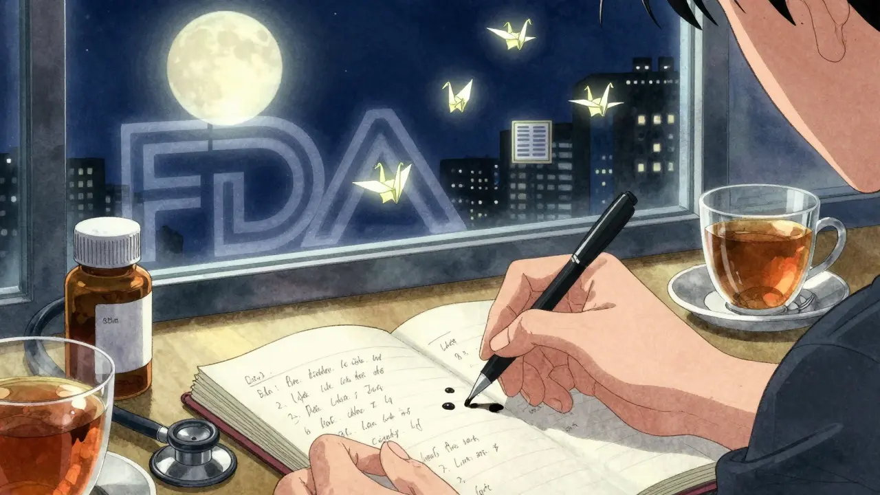 A hand writing detailed notes about medication symptoms by moonlight, with a pill bottle and lot number visible.