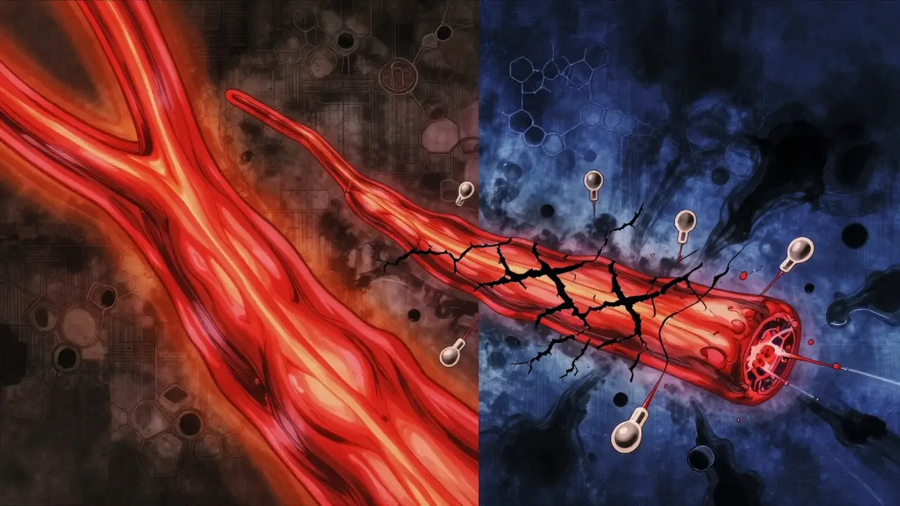 A healthy muscle fiber contrasts with a fractured one, invaded by leaking calcium and enzymes.