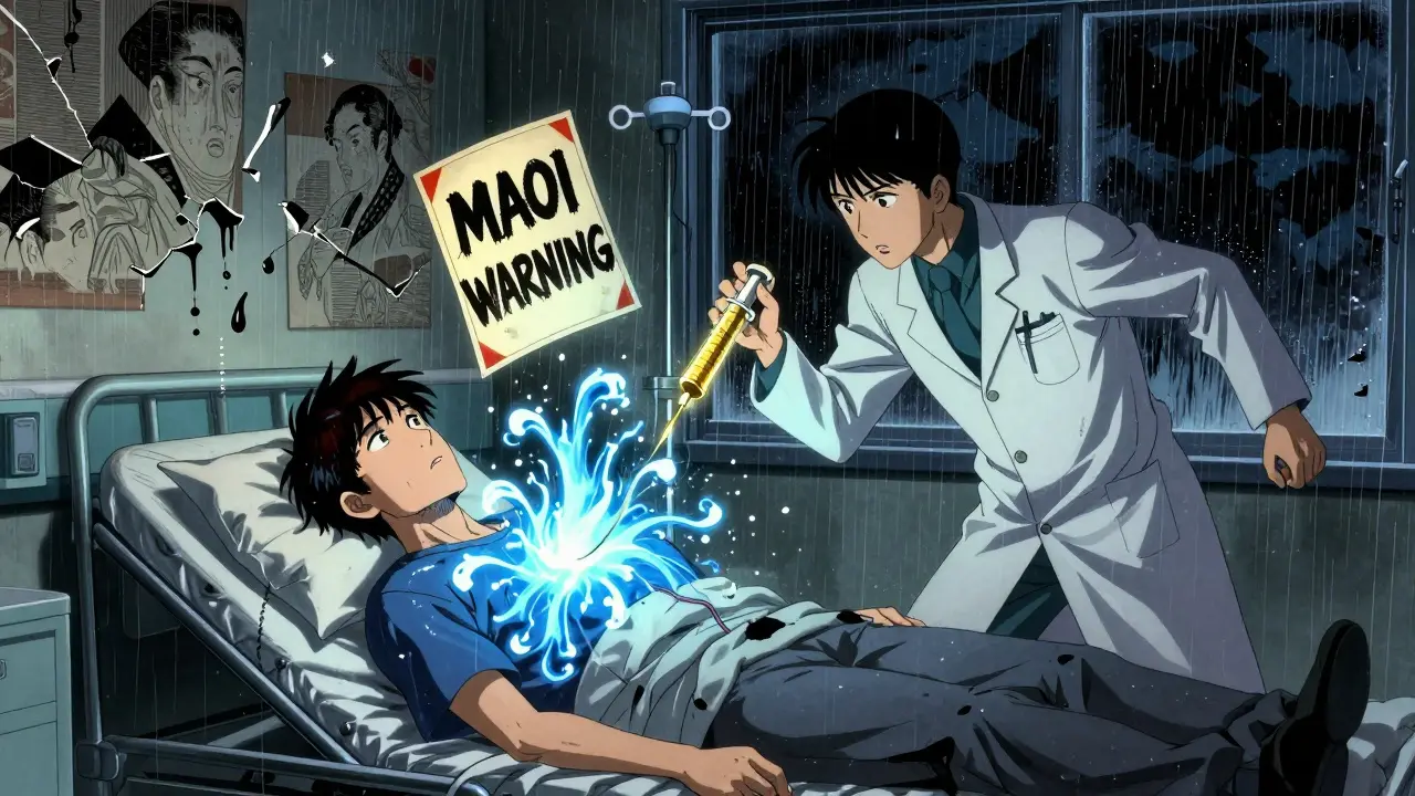 A patient in an ER with explosive blue neurotransmitter waves, doctor rushing in with glowing IV, MAOI alert card floating in ink-stained rain.