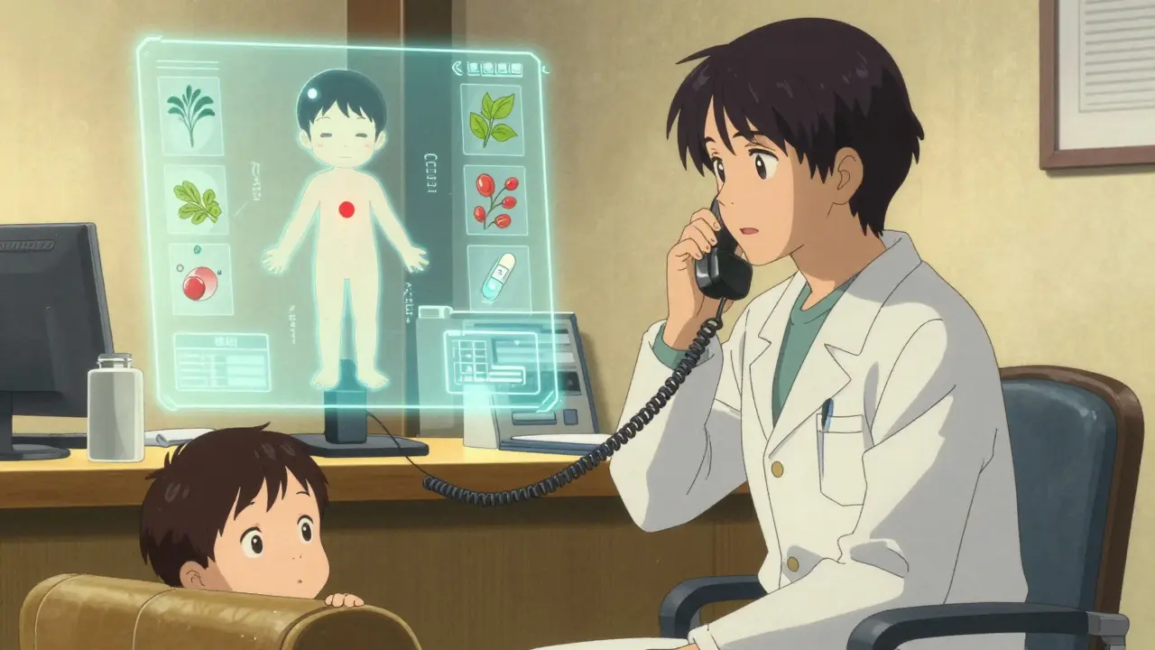 A pharmacist guides a caller via phone, with a glowing hologram of a child and a single pill, surrounded by floating herbs and kanji.