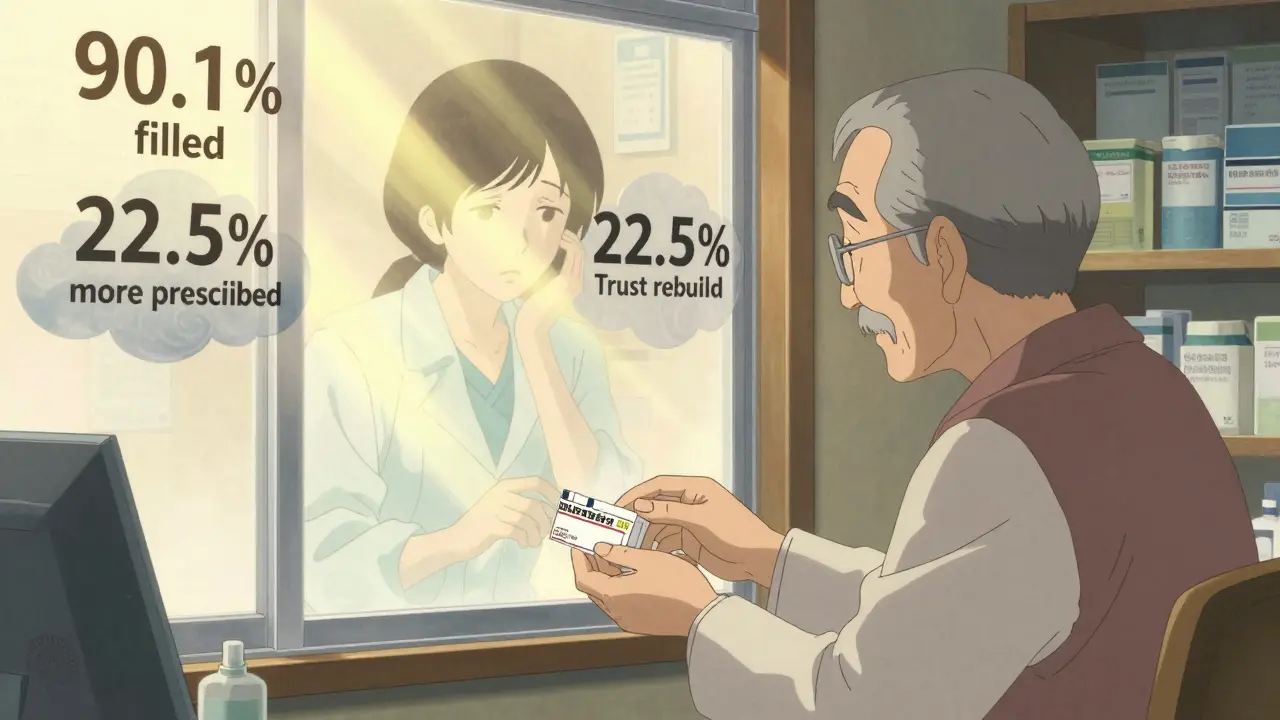 A pharmacist hands a generic prescription to an elderly patient with glowing data clouds in the background.