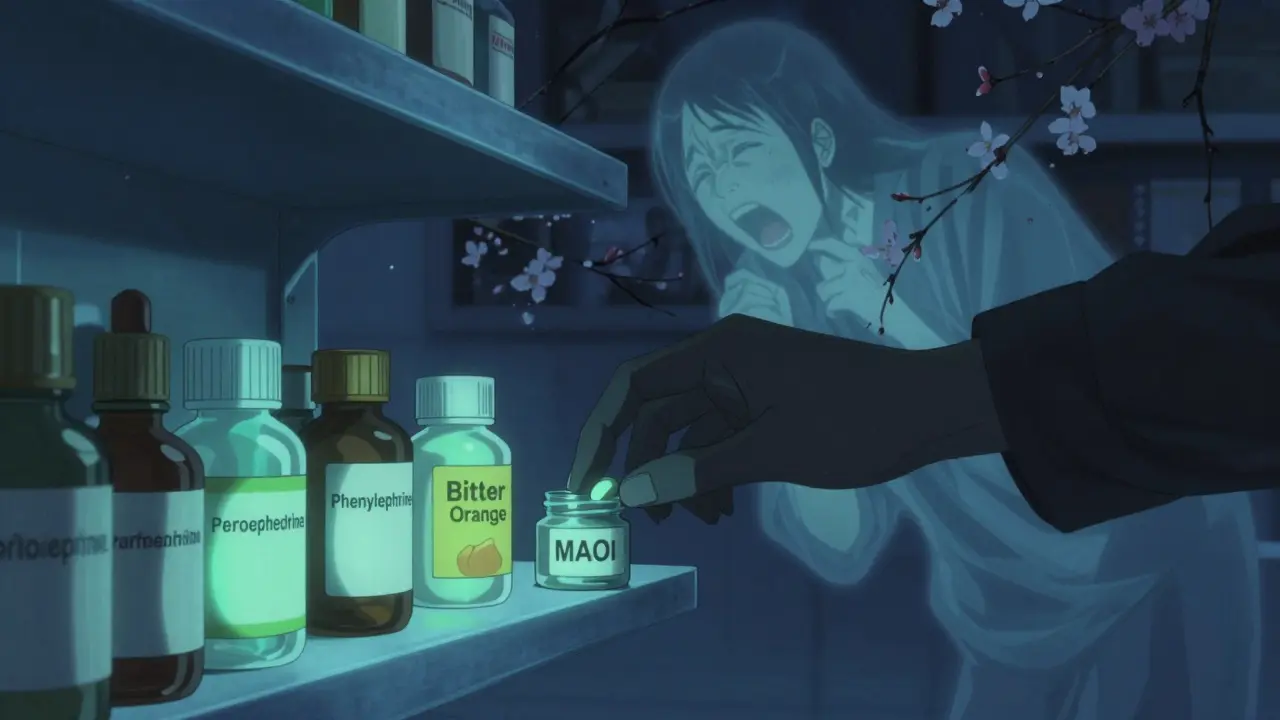 A pharmacy shelf with dangerous cold meds glowing beside an MAOI jar, shadowy hand reaching, cherry branches bending under pressure.