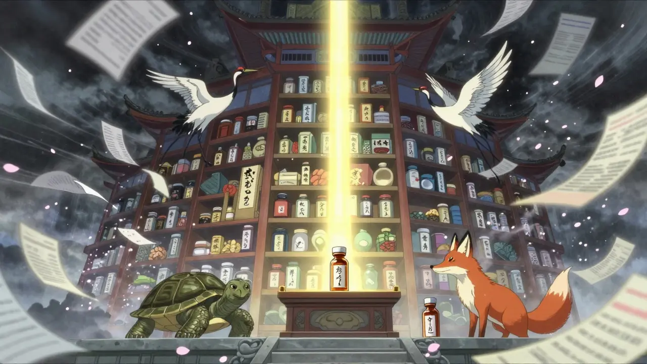 A sacred pharmacy temple guarded by spirit animals, with perfect labeling bathed in golden light.
