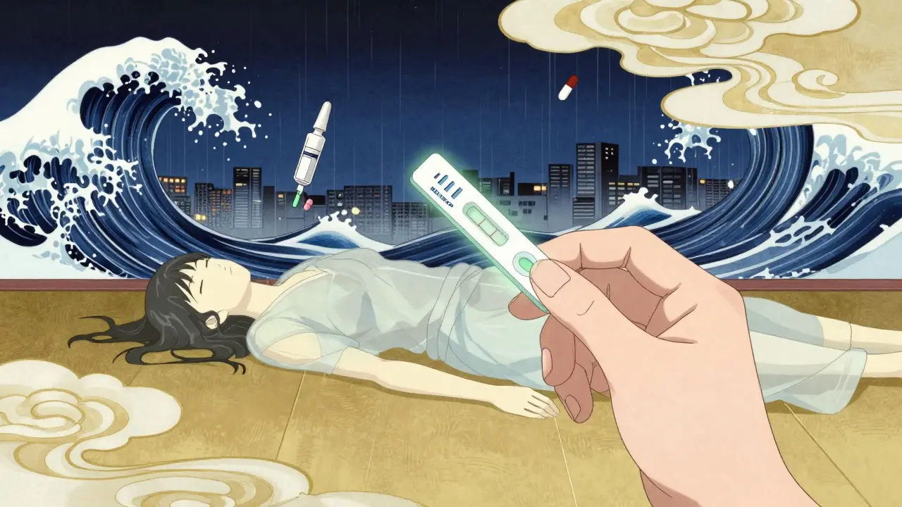 A test strip glows green as a Narcan spray hovers above an unconscious figure, pills fall like rain in the background.