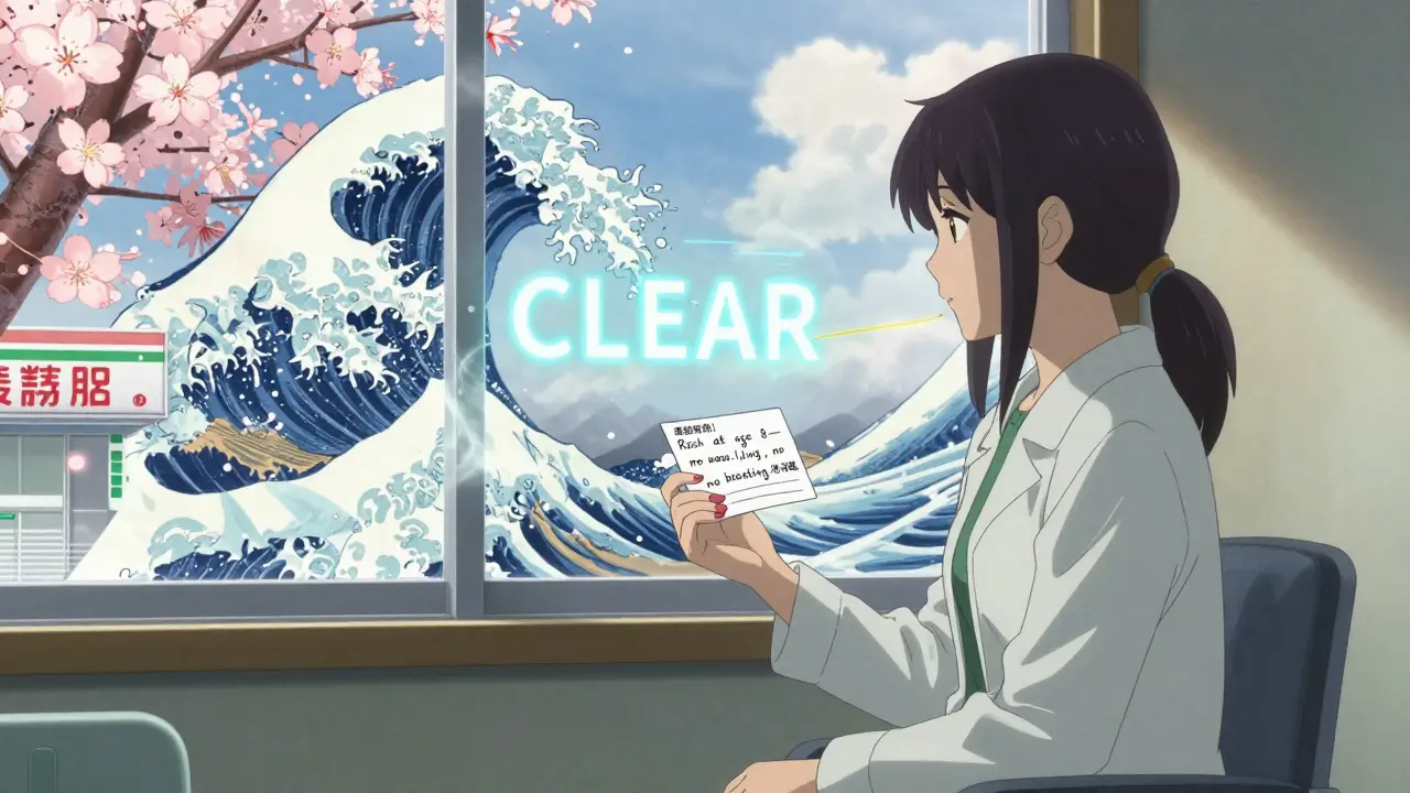 A woman holds an updated allergy note as a digital interface fades away, replaced by a glowing 'CLEAR' kanji.