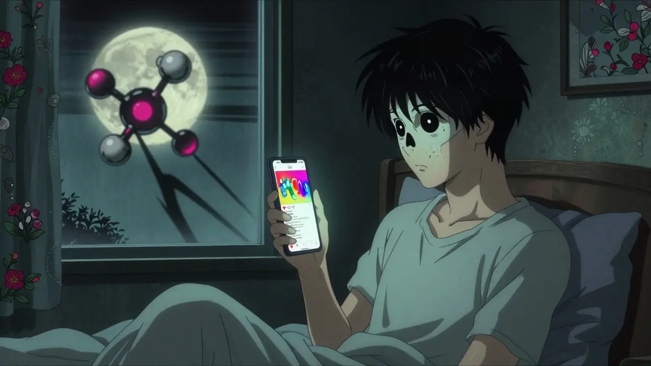 A young person in a bedroom, looking at a phone showing fake pill ads, their reflection showing a skeletal face.