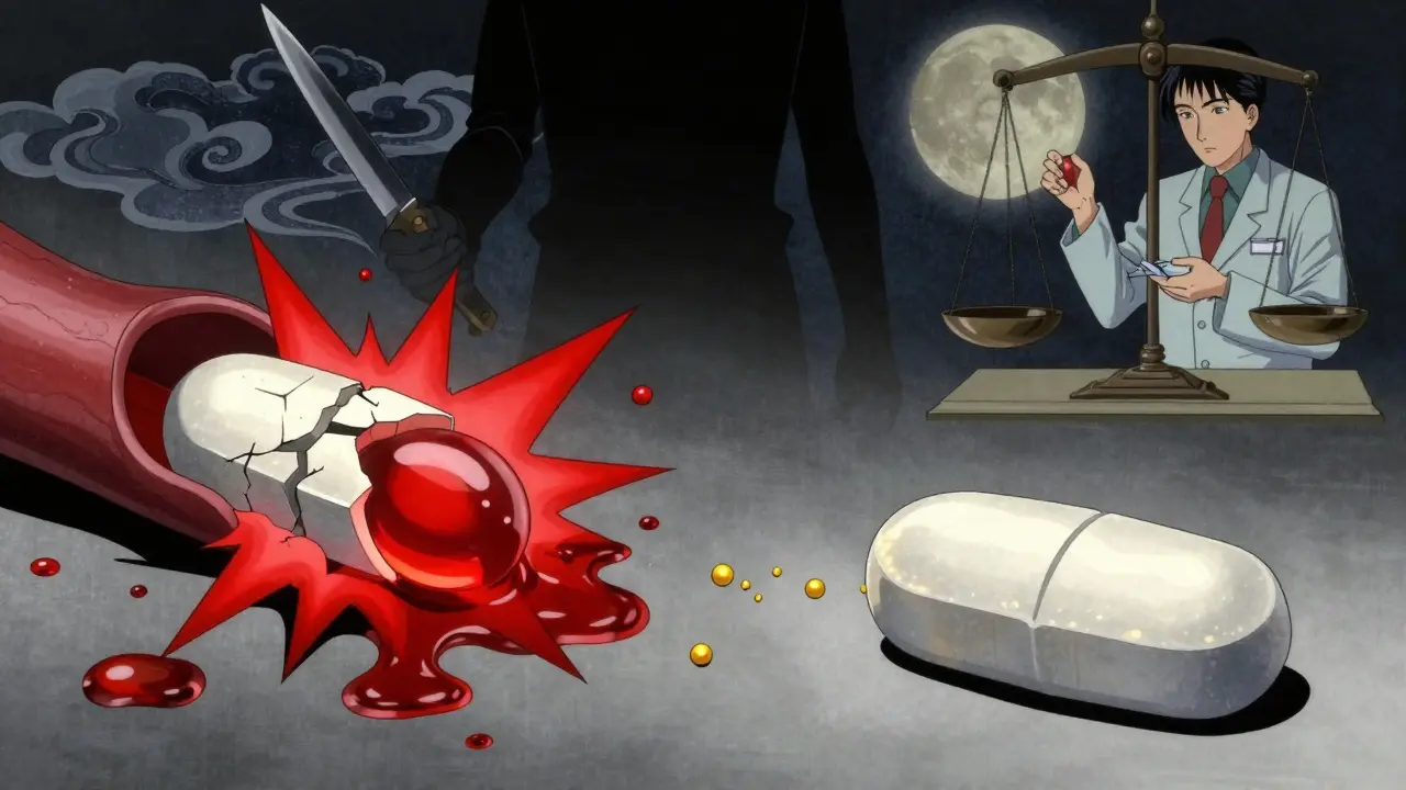 Cracked extended-release tablet releasing dangerous red spikes versus a whole tablet releasing calm golden particles.