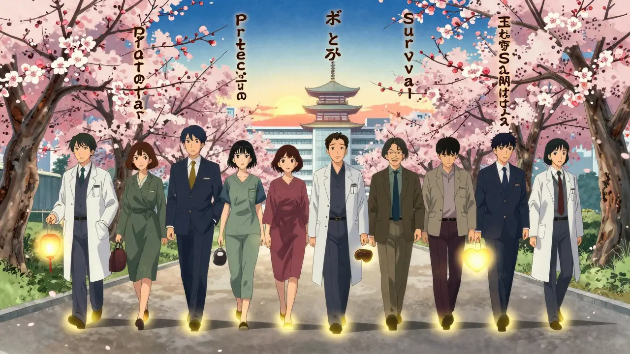 Diverse patients walk along a path, each step releasing golden glow, heading toward a pagoda hospital under a sky with floating kanji of protection.