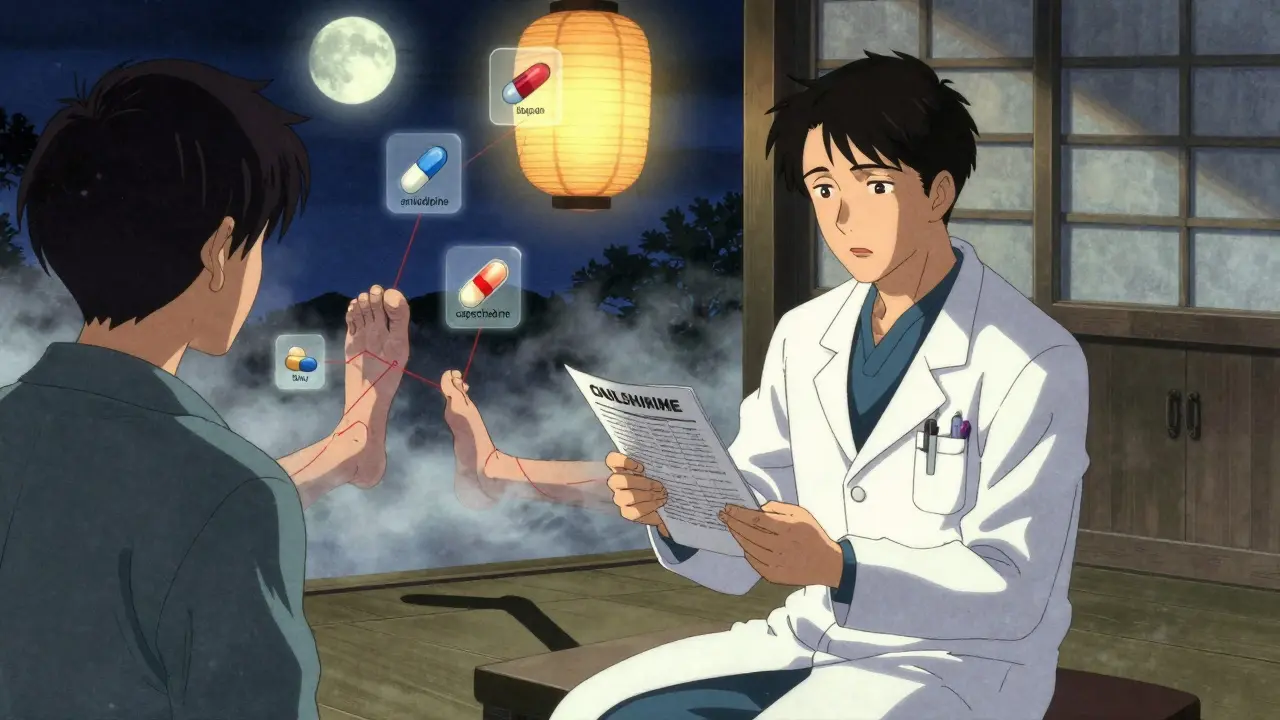 Doctor reviewing medication list as floating pill icons connect to swollen limbs under a paper lantern.