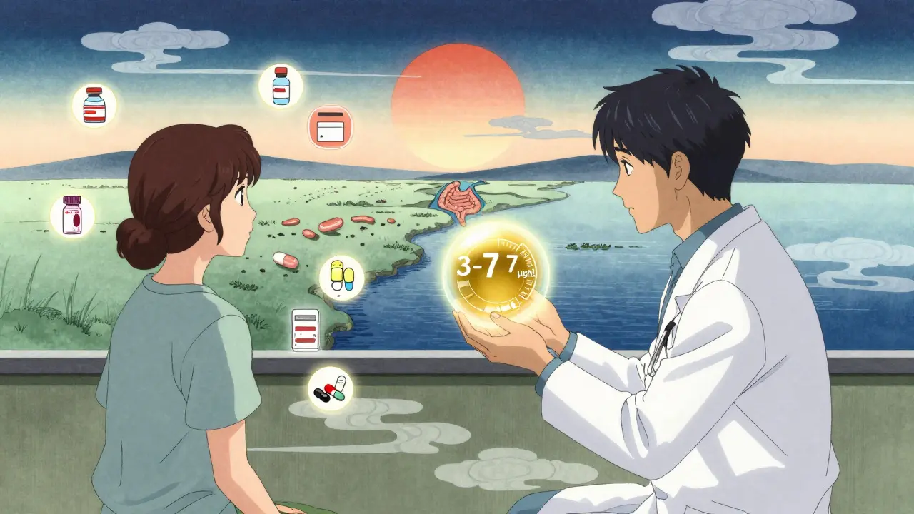 Doctor showing blood drug levels as patient views gut healing into a peaceful river valley.