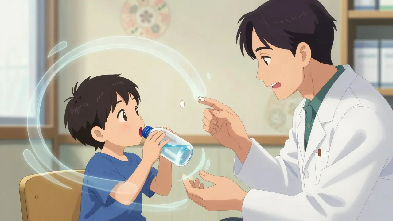 Father and son practicing pill-swallowing with a water bottle, tablet mid-air.