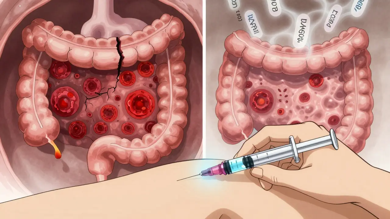 Hand injecting biologic medication, with gut lining healing on one side and damaged on the other.