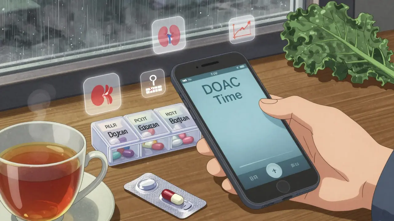 Hand setting an alarm next to DOAC pills, with dabigatran still in its blister pack and health icons nearby.