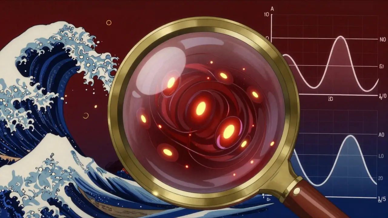 Magnified blood vial with drug molecules as fireflies and ukiyo-e statistical curves.