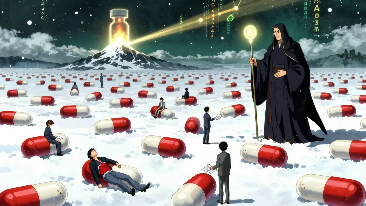 Millions of floating pills with tiny people inside, some suffering side effects, as a guardian figure collects reports.