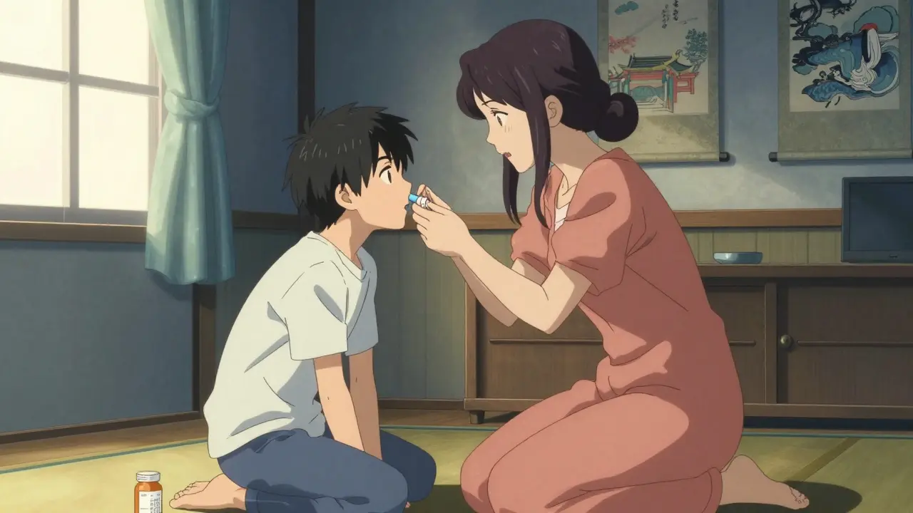 Mother administers naloxone to her son on the living room floor as sunlight shines through curtains.